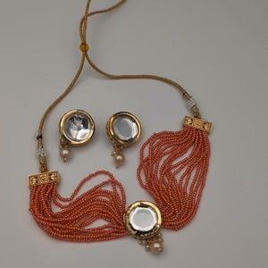 Bollywood Pearl Mirror Choker Necklace Earrings set